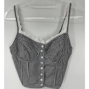 Sim & Sam Gingham Cami Tank Top Lace Trim Eyelet Black White Button Junior Large